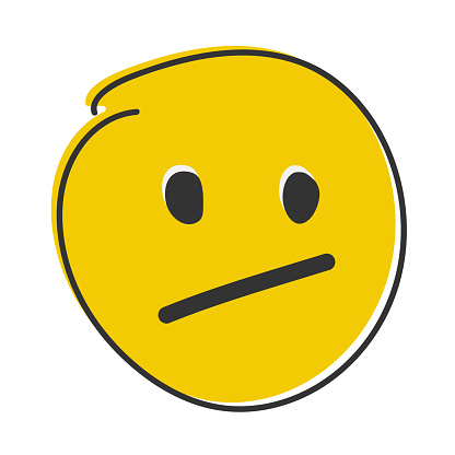Confused emoji. Nonplussed emoticon with frowned lips. Hand drawn, flat style emoticon.