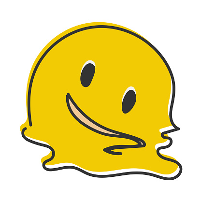 Melting emoji. Melted yellow face with exhausted smile, overheated smiling emoticon melting into a puddle. Hand drawn, flat style emoticon.