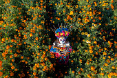 Field of cempasúchil flowers, in the middle a catrina seen from above.