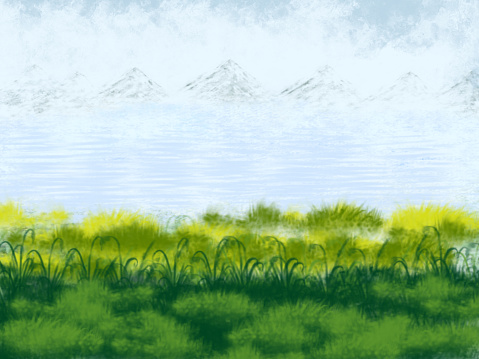 Green meadow and blue sky with white clouds, watercolor illustration