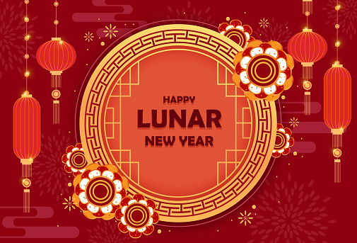 Happy Chinese new year design in cartoon style with beautiful decorative elements, lunar new year card with Text in red and gold colors. Vector illustration and banner concept