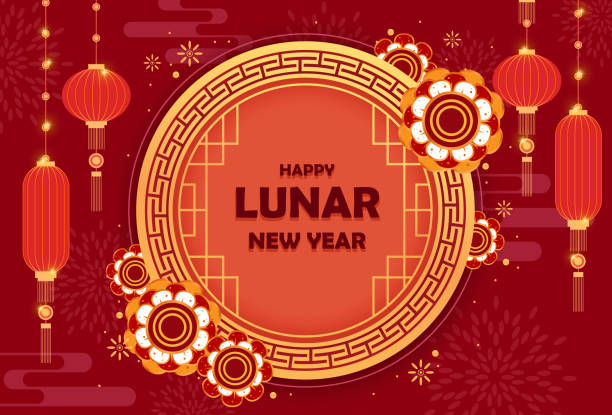 Celebration Chinese New Year with beautiful decorative vector elements Happy Chinese new year design in cartoon style with beautiful decorative elements, lunar new year card with Text in red and gold colors. Vector illustration and banner concept happy lunar new year stock illustrations