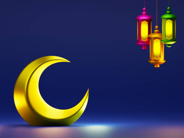 istock Eid Mubarak islamic festive holiday theme on empty space for greeting copy. Decorative crescent moon and islamic hanging lanterns lamp on dark blue background 3d illustration 1474458039