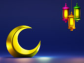 Eid Mubarak islamic festive holiday theme on empty space for greeting copy. Decorative crescent moon and islamic hanging lanterns lamp on dark blue background 3d illustration