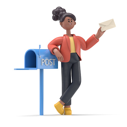 3D illustration of smiling african american woman Coco got an important letter. Standing nearby mailbox and holding an envelope. 3D rendering on white background.