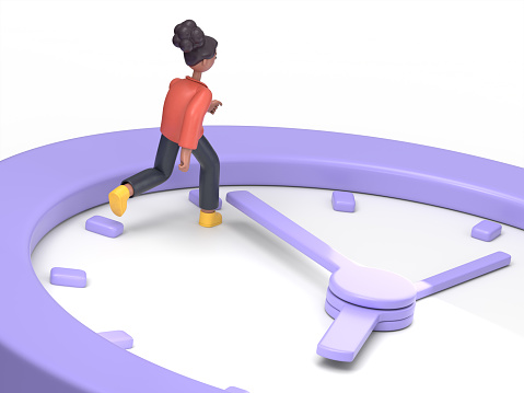 3D illustration of african american woman Coco in a race against time.3D rendering on white background.