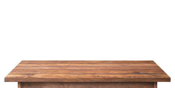 Mesa de madera oscura aislada sobre fondo blanco, mesa de madera vacía photo
