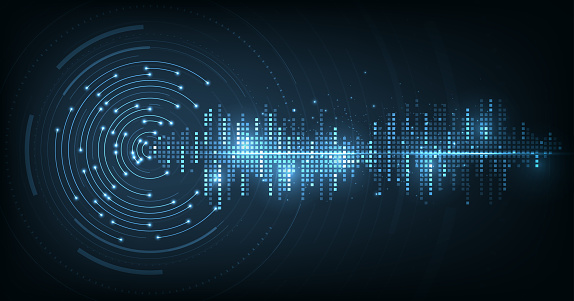 Music equalizer on dark blue background. Waveform pattern for music player, podcast, voice message, music app. Vector illustration.