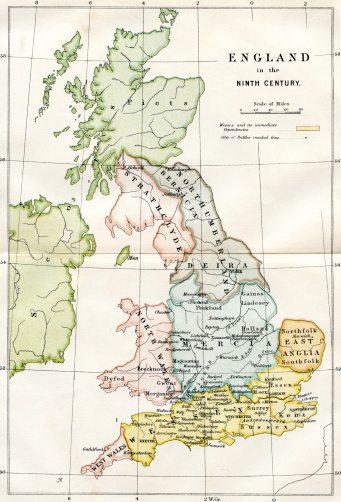 An engraved image showing a 9th century map of the kingdoms of  Anglo Saxon Dark Age Britain taken from a Victorian book dated 1882 that is no longer in copyright