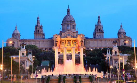 Barcelona, Magic Fountain and Art Museum at dusk