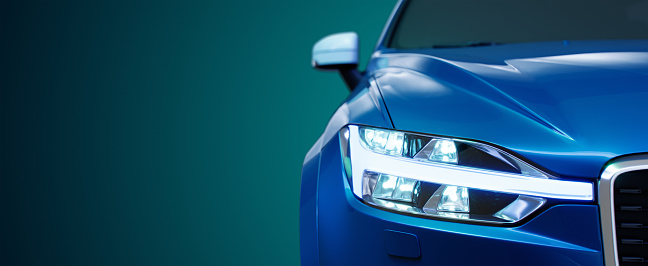 Car headlight with copy space macro view. Led or xenon lamp. Closeup of modern prestigious car. 3d illustration.
