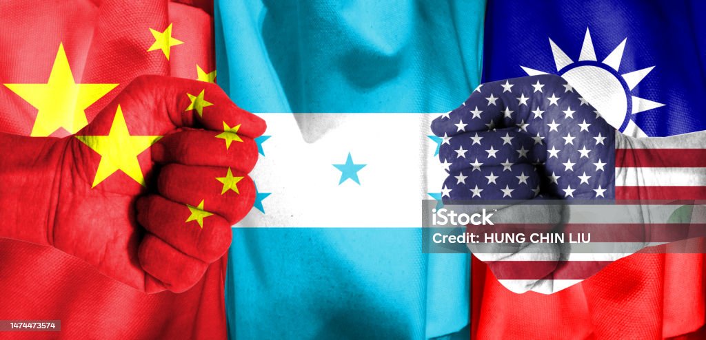 It combines the flag of Taiwan, the flag of China, the flag of Honduras and the fist, telling the concept of communication and dialogue Adult Stock Photo