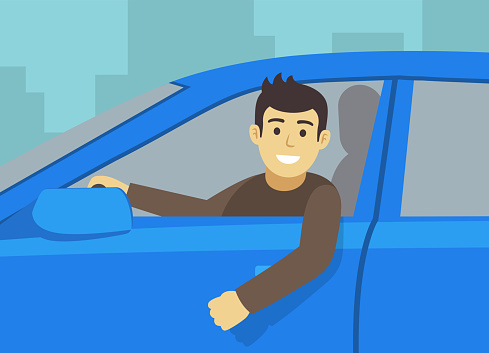 City car driving. Close-up of a happy male driver in a blue car. Side view. Young character leaning out of the car window. Flat vector illustration template.