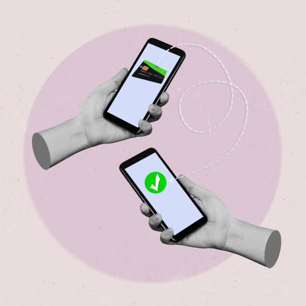 istock Two hands holding mobile phones transferring funds between accounts. Contemporary art. Modern design 1474475932