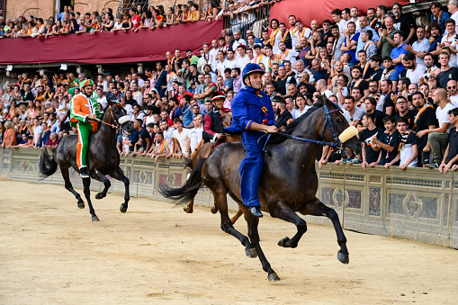 Palio di Siena Prova Public Trial Horse Race with Jockey or Fantino Stefano Piras Scangeo Riding for the Nobile Contrada del Nicchio
