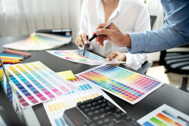 istock Graphic designer work with Color swatch samples Graphic Skill Concept. drawing sketches on graphic tablet 1474480625