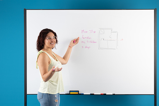 Woman with glasses, explaining what is written on the white board, while smiling and looking at the camera, on a blue background.