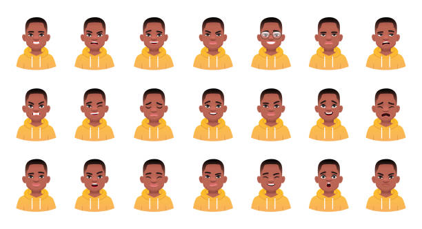 Set of different emotions of a cute black child. Facial expression of handsome african boy in yellow hoodie. Smile, happiness, anger, joy, surprise, fear, etc. Set of different emotions of a cute black child. Facial expression of handsome african boy in yellow hoodie. Smile, happiness, anger, joy, surprise, fear, etc. Vector illustration in cartoon style. emotional series stock illustrations