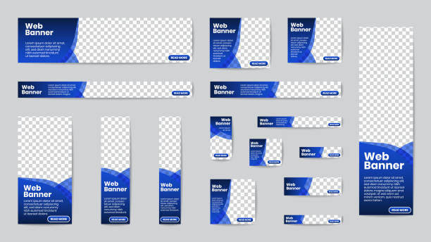 ilustrações de stock, clip art, desenhos animados e ícones de business banner standard size in horizontal and vertical rectangle square template set for web design. transparent gradient blue geometric curve shapes header with place of photos. vector. - banner