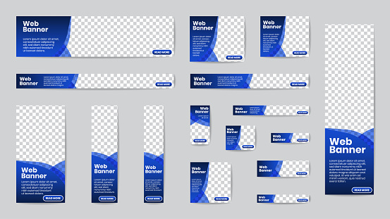 Business banner standard size in horizontal and vertical rectangle square template set for web design. Transparent gradient blue geometric curve shapes header with place of photos. EPS10 vector.