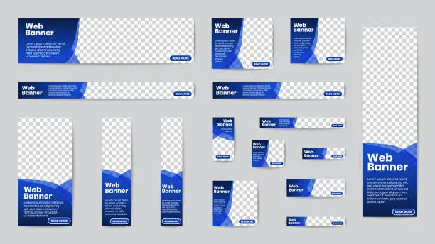 Vector illustration of Business banner standard size in horizontal and vertical rectangle square template set for web design. Transparent gradient blue geometric curve shapes header with place of photos. Vector.