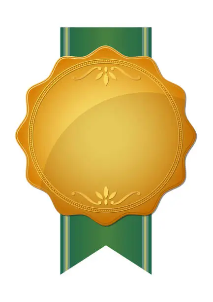Vector illustration of Gold medal and green ribbon sticker frame