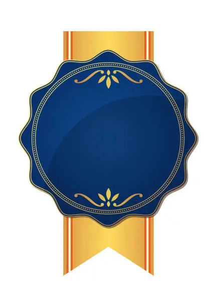 Vector illustration of Seal frame with blue medal and yellow ribbon