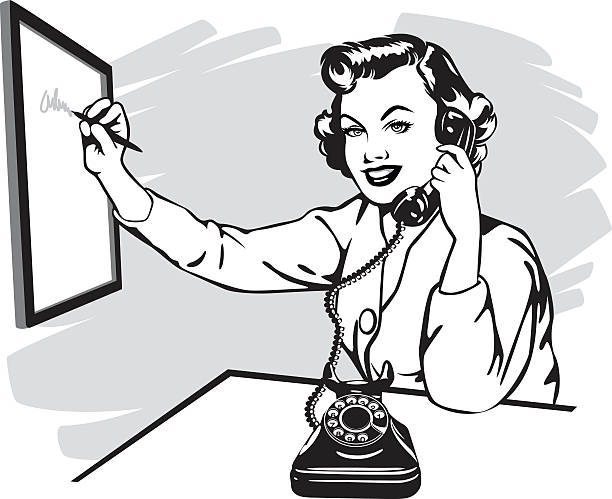 ilustrações, clipart, desenhos animados e ícones de telefone antigo secretário - customer service representative on the phone retro revival office