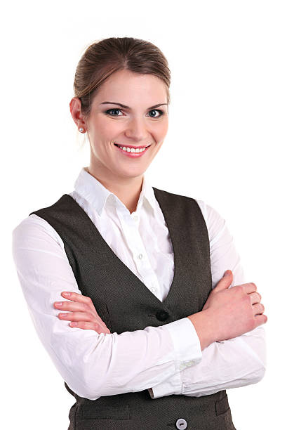 istock Young business woman standing with her hands folded 147449097