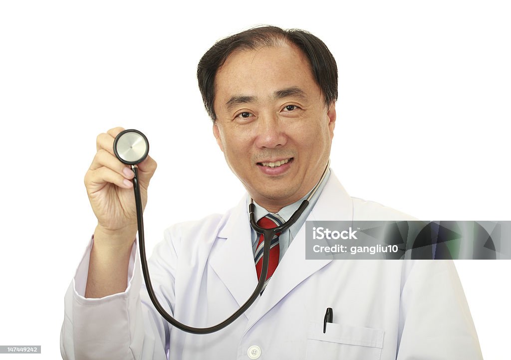 Doctor Asian doctor with stethoscope, isolated on white Adult Stock Photo