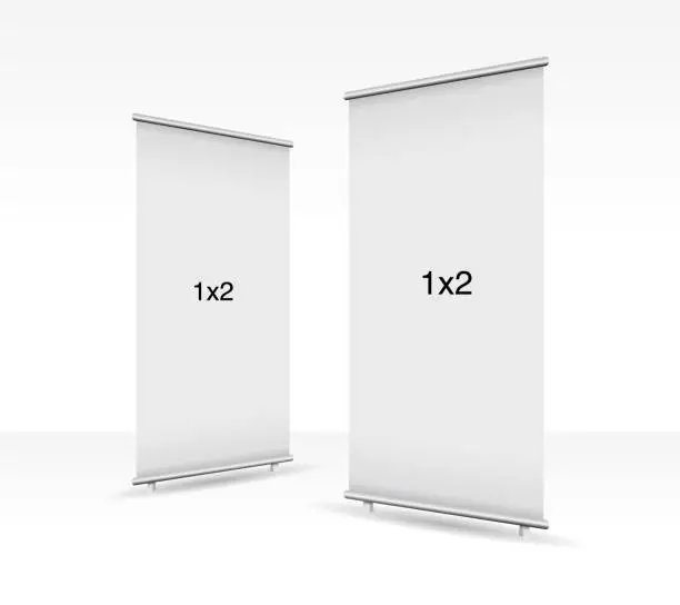 Vector illustration of Set of 2 empty standee or rollup banner display mockup on isolated white background. Display mockup for presentation or exhibition product. Vertical blank roll up stand template in 1x2 sizes.
