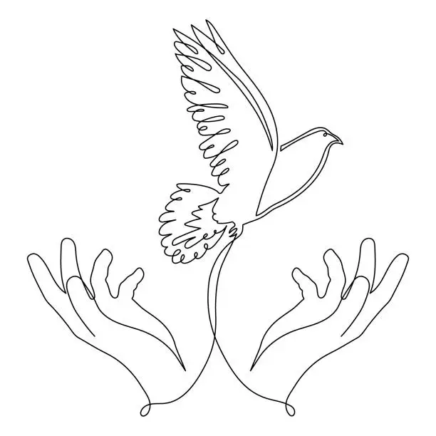 Vector illustration of Hands with dove of peace, one line art continuous contour. Hand drawn palm with pigeon,doodle hope bird sign of freedom and independence.Editable stroke.