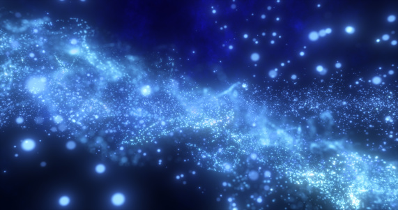 Abstract blue glowing flying waves of energy particles futuristic high tech background.