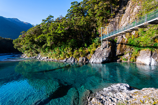 a short track leads you to the clear waters of blue pools in aspiring national park