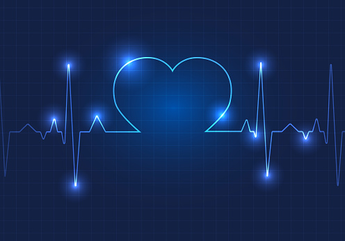 Heart-shaped technology background It's a graph showing the rhythm of your heart pumping. dark blue background with a grid