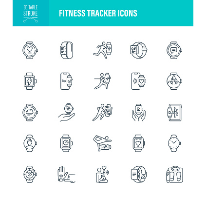 Fitness Trackers Icons Editable Stroke. The set contains icons as Smart Watch, Icon, Bracelet, Fitness Tracker, Clock, Running, Pedometer, WristWatch