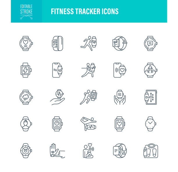 Fitness Trackers Icons Editable Stroke Fitness Trackers Icons Editable Stroke. The set contains icons as Smart Watch, Icon, Bracelet, Fitness Tracker, Clock, Running, Pedometer, WristWatch wrist exercise stock illustrations