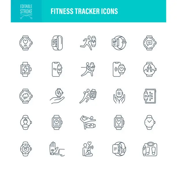 Vector illustration of Fitness Trackers Icons Editable Stroke