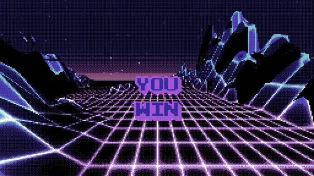 istock Abstract Analogue VHS Dithered Blue Purple Low Poly Arcade Game Terrain and You Win Text 1474506955