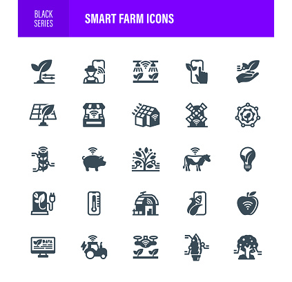 Smart Farm Icon Set. Contains such icons as Agriculture, Farming, Robot, Gardening, Mobile App, Data
