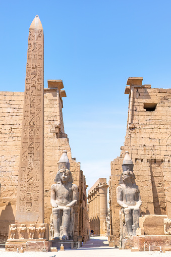 Luxor Temple, Egypt - March 19, 2023: The Luxor Temple is a large Ancient Egyptian temple complex located on the east bank of the Nile River in the city today known as Luxor (ancient Thebes) and was constructed approximately 1400 BCE. In the Egyptian language it was known as ipet resyt, \