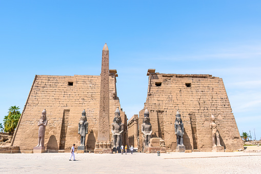 Luxor Temple, Egypt - March 19, 2023: The Luxor Temple is a large Ancient Egyptian temple complex located on the east bank of the Nile River in the city today known as Luxor (ancient Thebes) and was constructed approximately 1400 BCE. In the Egyptian language it was known as ipet resyt, 