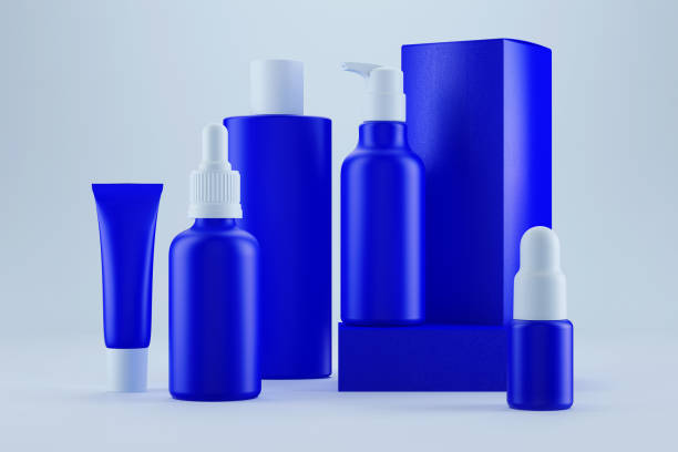 istock Cosmetic package deep blue set, bottles and tube mockup 1474510210
