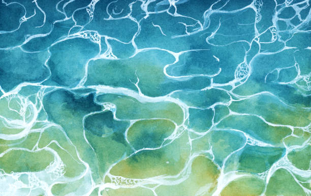 stockillustraties, clipart, cartoons en iconen met top view of blue frothy sea surface. watercolor illustration. - illustraties van middellandse zee