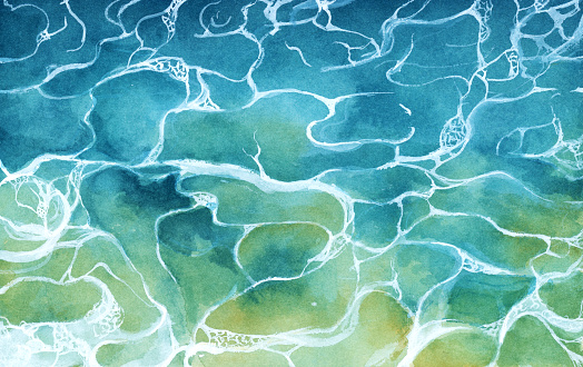 Top view of blue frothy sea surface. Blue water background. Watercolor Illustration.