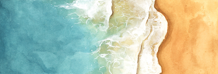 Watercolor painting of sea ocean waves reaching shore. Beach clear turquoise top view. Summer beach.