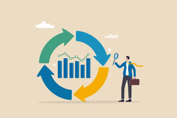 Vector illustration of Economic cycle to study up and down on stock market, booming or recession, business cycle for marketing, statistic or data analysis concept, businessman with magnifier on economic cycle diagram.