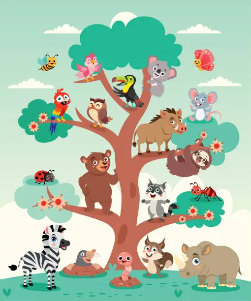 Vector illustration of Cartoon Animals On A Tree