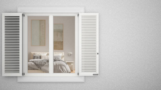 istock Exterior plaster wall with white window with shutters, showing interior bedroom, blank background with copy space, architecture design concept idea, mockup template 1474516496