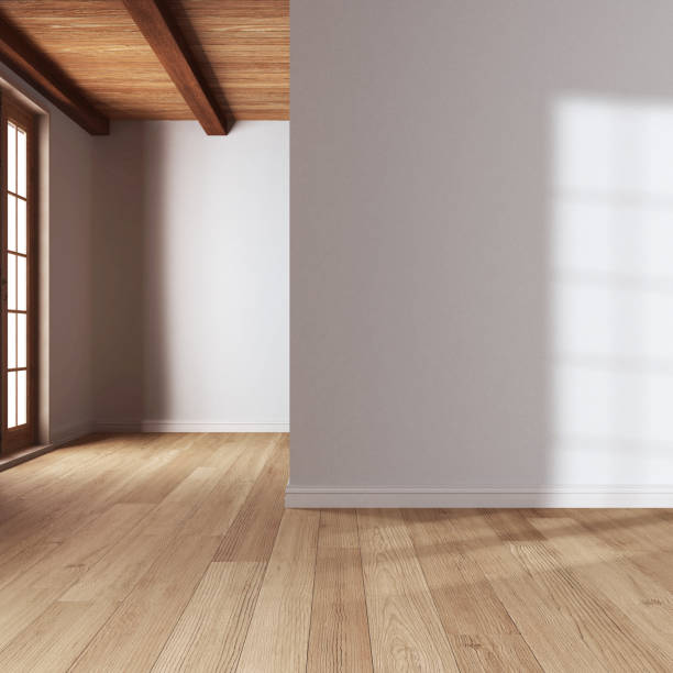 istock Empty room interior design, open space with oak parquet floor, classic windows, wooden ceiling and white walls, modern architecture concept idea 1474516538